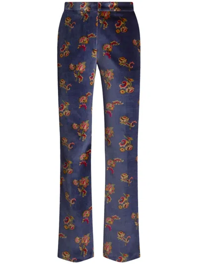 Etro Floral Flared Trousers In Blue