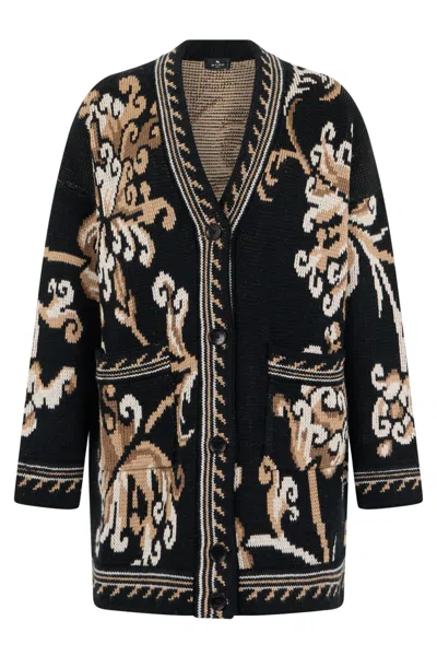 Etro Floral Graphic Wool Cardigan With V-neck In Black