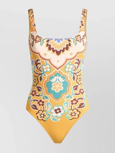 Etro Floral High-cut Scoop Neck Swimsuit In Yellow