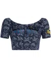 Etro Denim Printed Crop Top W/ Embroidered Patch In Blue