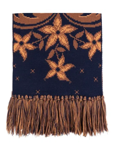 Etro Floral-jacquard Fringed Scarf In Blue