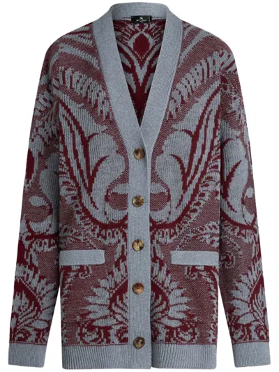 Etro Embroidered Wool Knit Oversized Cardigan In 蓝色/酒红色