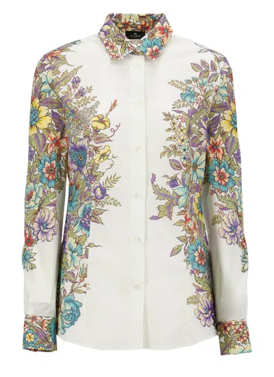 Etro Bouquet Floral-print Long-sleeve Slim-fit Cotton Shirt In Red
