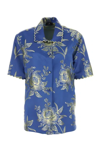 Etro Floral-jacquard Short Sleeved Shirt In Blue