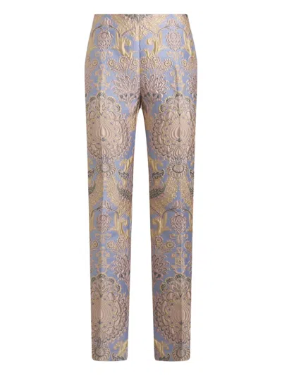 Etro Floral-jacquard Trousers In Blue