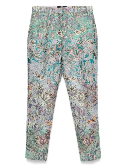 Etro Floral-jacquard Trousers In Blue