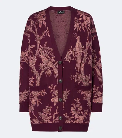 Etro Floral Jacquard Wool-blend Cardigan In Burgundy