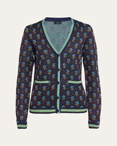 Etro Floral Knit V-neck Cardigan In Blue