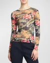 Etro Semi Sheer Floral Long Sleeve Top In Print On Blue Base
