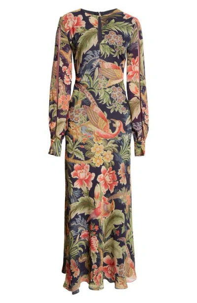 Etro Floral Long Sleeve Silk Maxi Dress In Navy Multi