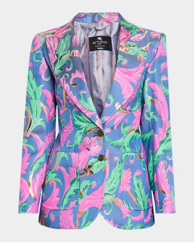 Etro Floral Metallic Jacquard Single-breasted Blazer Jacket In Multicolour On Pale