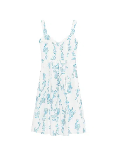 Etro Floral Embroidered Cotton Sleeveless Pleated Midi Dress In Blue