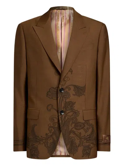 Etro Floral-motif Single-breasted Blazer In Brown