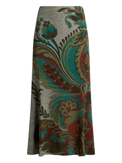 Etro Floral-motif Straight Skirt In Gray
