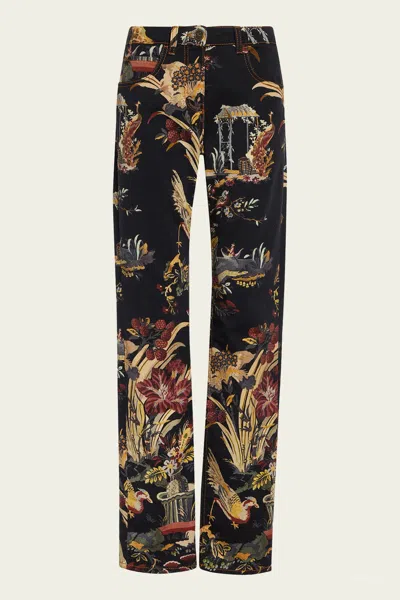 Etro Floral Motif Stretch Jeans In Black Multicolor