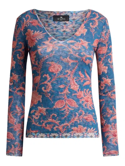 Etro Floral-motif Stretch Sweater In Blue