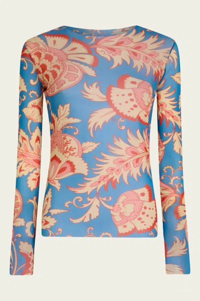 Etro Floral Motif Stretch Tulle Top In Light Blue In Multi