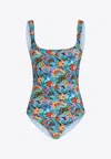 Etro Bouquet-print Open-back Swimsuit In Light Blue