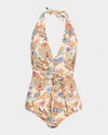 Etro Floral Paisley Belted Halter One-piece Swimsuit In Animal Print