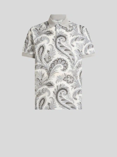 Etro Paisley Print Cotton Polo Shirt In White