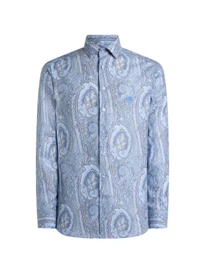 Etro Shirt In Cotton Satin With Floral Paisley Motif In Blue