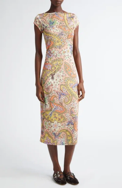 Etro Floral Paisley Jersey Midi Dress In Stampa F.do Rosa