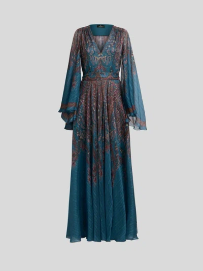 Etro Women Light Blue Paisley Print Pekin Crepon Long Dress