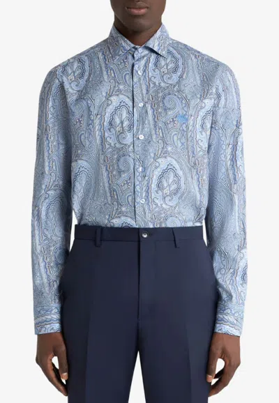 Etro Floral Paisley Long-sleeved Satin Shirt In Blue