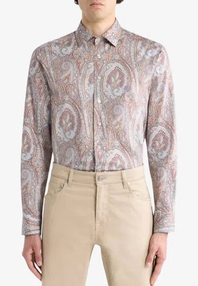 Etro Floral Paisley Long-sleeved Satin Shirt In Brown