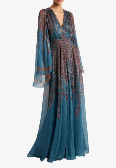 Etro Belted Paisley-print Silk-crepon Maxi Dress In Blue