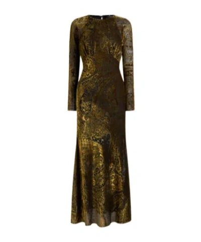 Etro Floral Paisley Motif Long Burnout Velvet Dress In Green