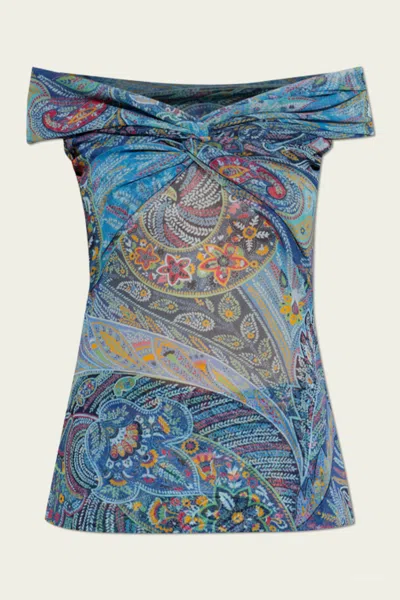 Etro Floral Paisley Off-shoulder Top In Multicolor In Blue