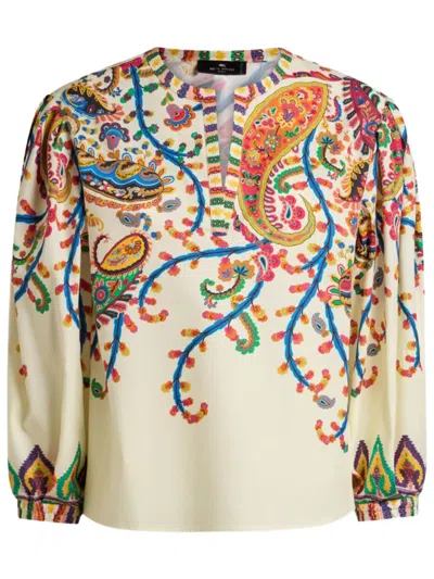 Etro Cotton Blouse With Placed Floral Paisley Print In Brown