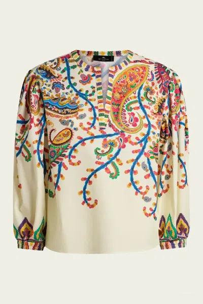 Etro Cotton Blouse With Placed Floral Paisley Print In Brown