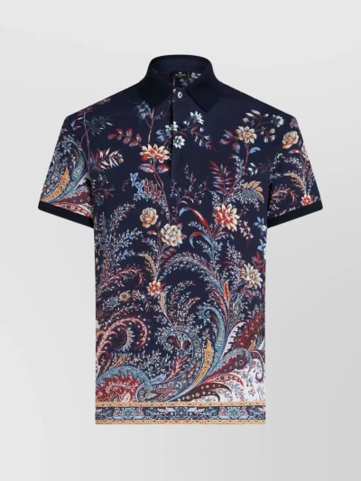 Etro Floral-print Cotton Polo Shirt In Blue