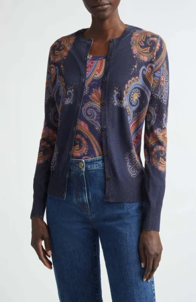 Etro Floral Paisley Silk & Cashmere Cardigan In Blue