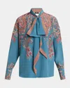 Etro Floral Paisley Silk Bow Blouse In Blue