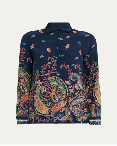 Etro Floral Paisley Silk Button-front Shirt In Blue