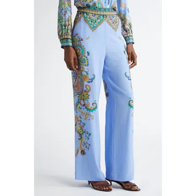 Etro Floral Paisley Silk Flare Leg Pants In Blue
