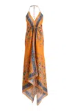 Etro Floral Paisley Silk Maxi Halter Dress In Orange