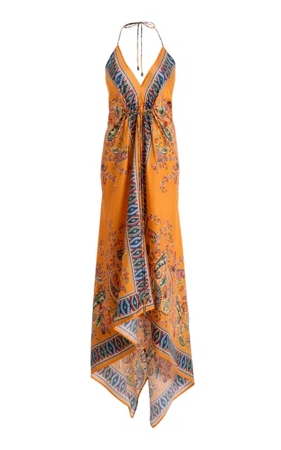 Etro Floral Paisley Silk Maxi Halter Dress In Orange