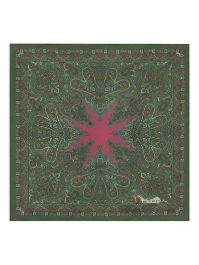 Etro Floral Paisley Silk Pocket Square In Green