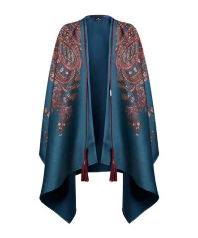 Etro Floral Paisley Wool-blend Cape In Blue