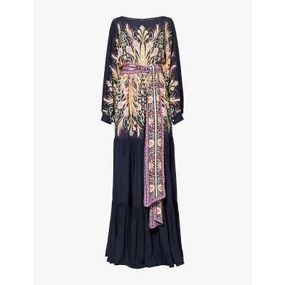 Etro Womens Print On Black Base Floral-pattern Dropped-waist Woven Maxi Dress
