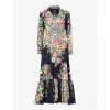 ETRO ETRO WOMEN'S PRINT ON BLACK BASE FLORAL-PATTERN GATHERED-HEM COTTON MAXI DRESS