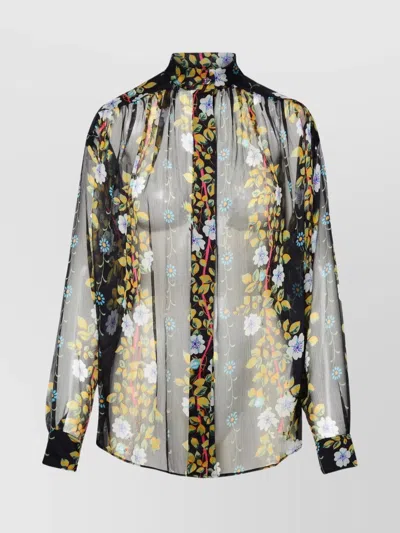 Etro Floral Pattern High Collar Pleated Back Sheer Fabric In Black