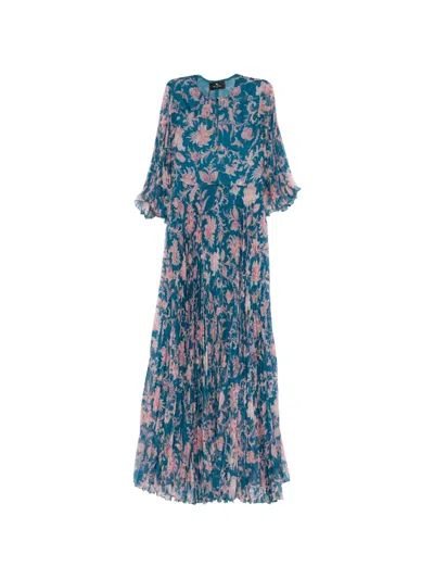 Etro Women Maxi Pleated Dress With Flared Sleeves In Blue