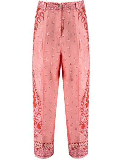 Etro Floral Pattern Silk Trousers With Medallion Details In Pink