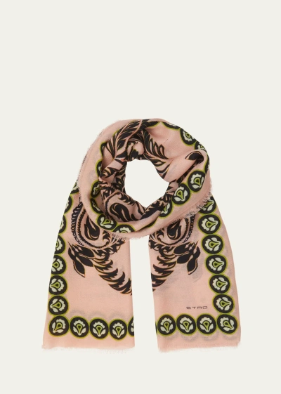Etro Floral Patterned Silk Scarf In Print On Pink Bas