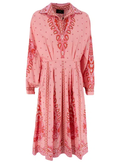 Etro Pleated Printed Cotton-blend Poplin Midi Shirt Dress In Pink
